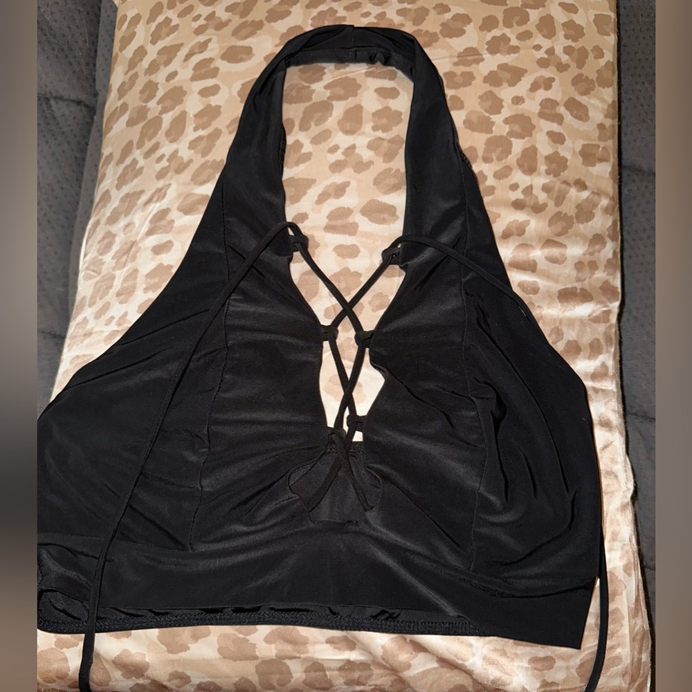 Black front lace halter crop top with mini side ruched black skirt